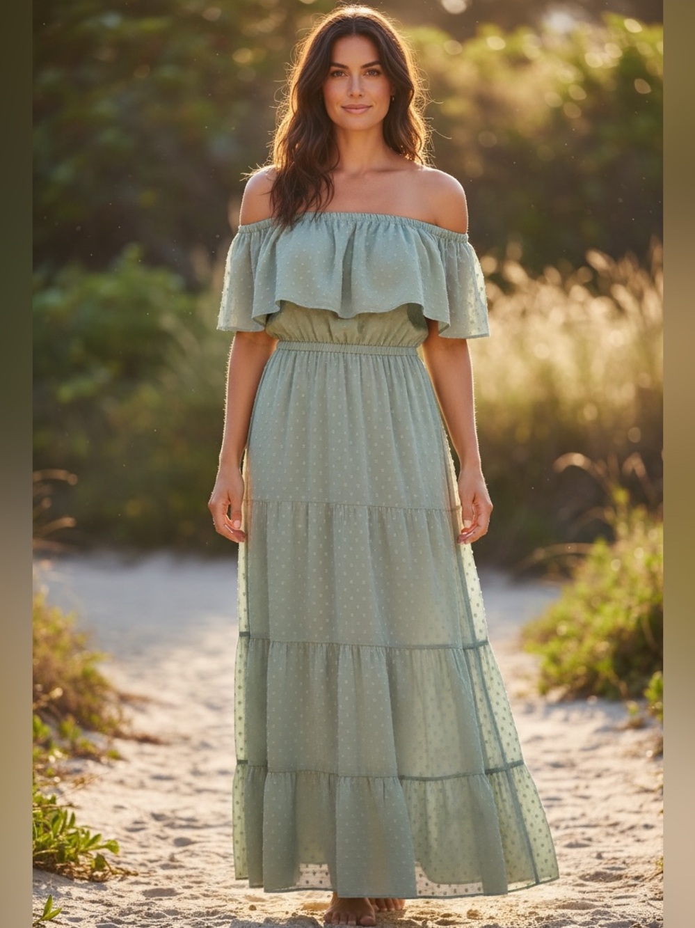 NWT Baltic Born Off The Shoulder Swiss Dot Maxi Dress in Sage Green Size Small